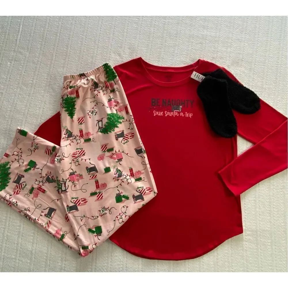 HUE Women’s LARGE 3-Piece “Be Naughty, Save Santa a Trip” Pajama Set - Picture 5 of 9